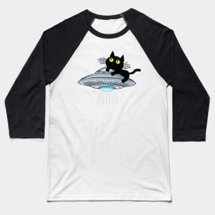 Lucky Black Cat on a UFO Baseball T-Shirt